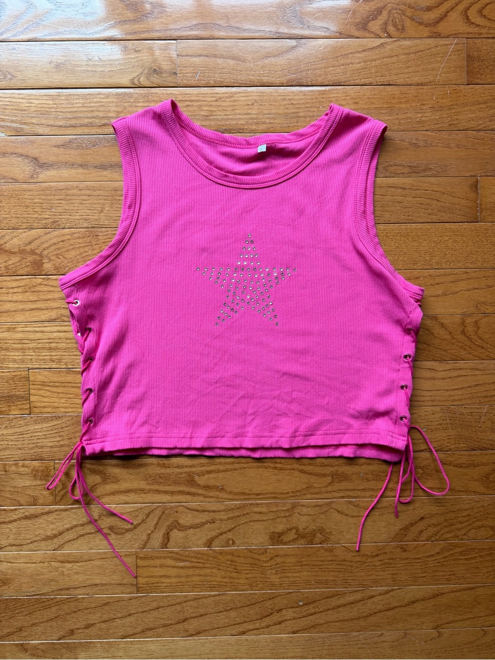Amazon Hot Pink Rhinestone Star Crop Tank Top Side Lace Up Corset Ribbed Large L